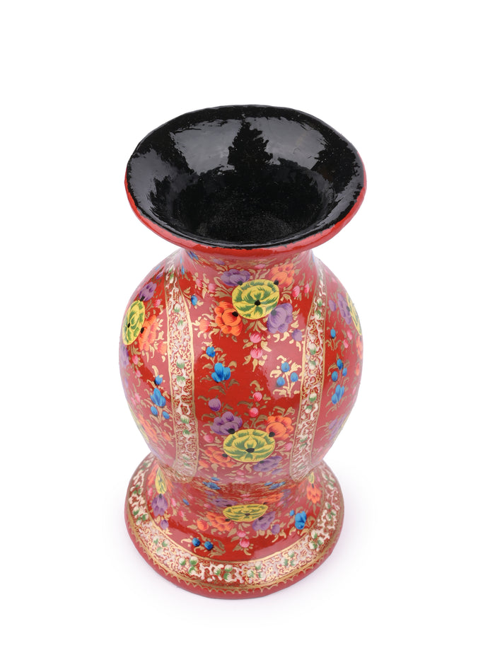10 inches Paper Mache Vase with Floral Motifs on Red background - The Heritage Artifacts