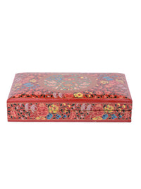 Rectangular Paper Mache Multi purpose storage box with Red floral pattern embossed - The Heritage Artifacts