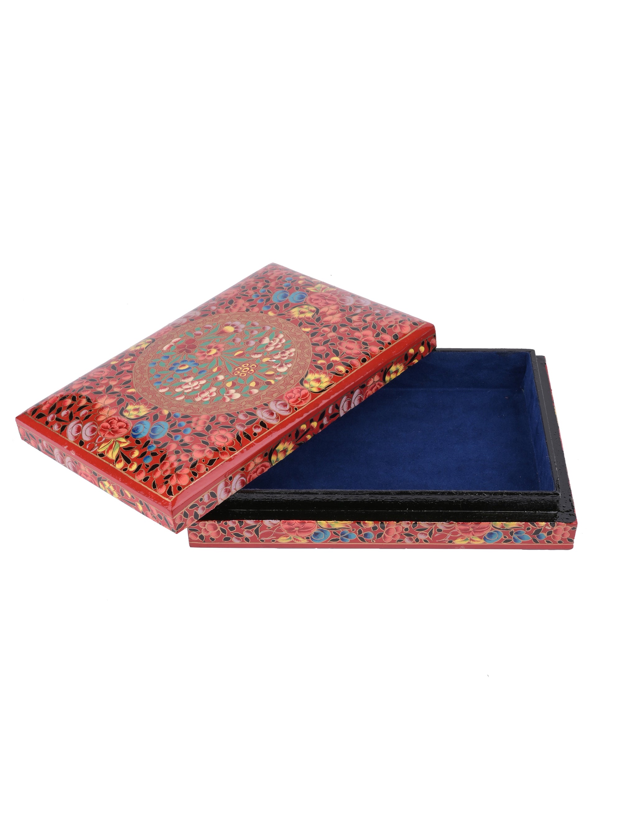 Rectangular Paper Mache Multi purpose storage box with Red floral pattern embossed - The Heritage Artifacts
