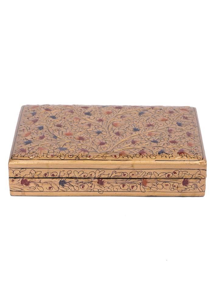 Rectangular Paper Mache Multi purpose storage box with Golden floral pattern embossed - The Heritage Artifacts
