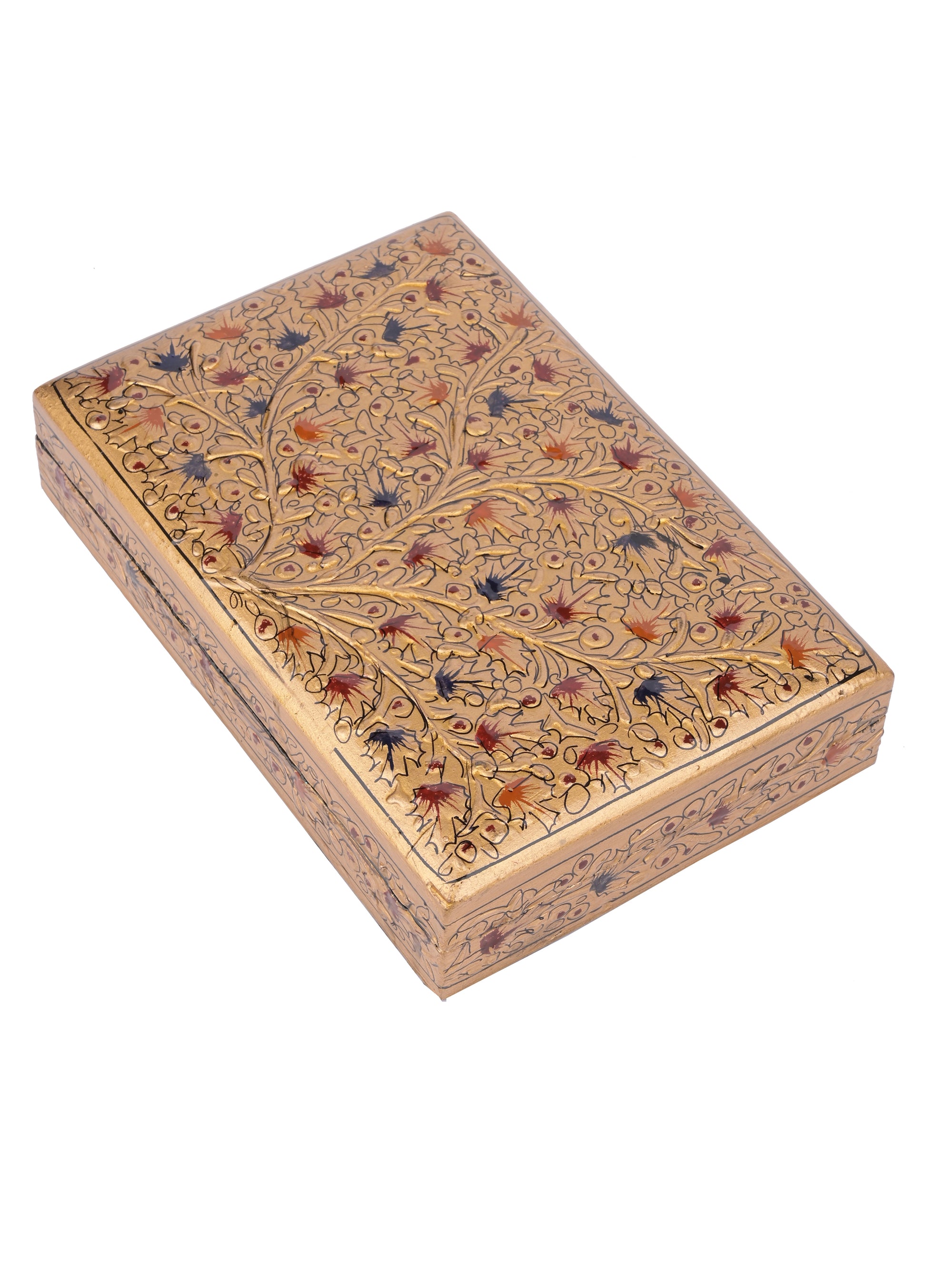 Rectangular Paper Mache Multi purpose storage box with Golden floral pattern embossed - The Heritage Artifacts