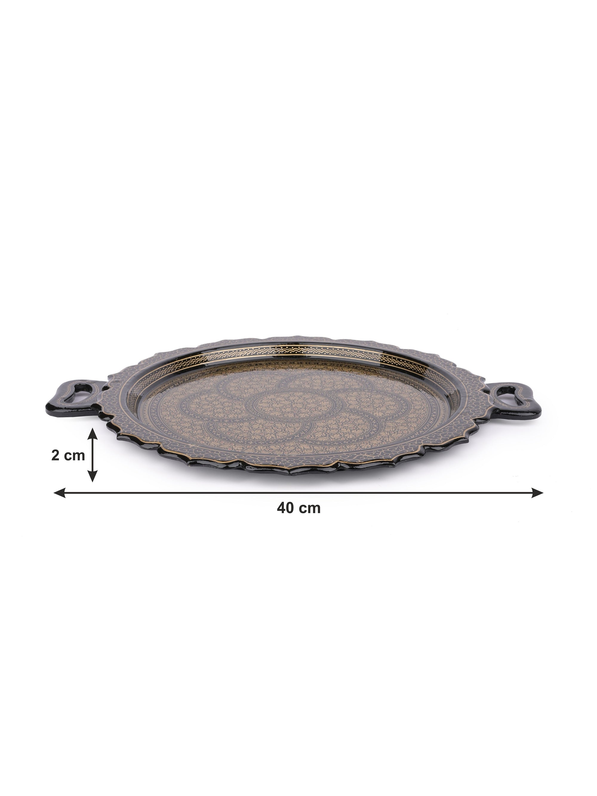 Paper Mache, Black and Gold Round Decorative Serving Tray with Handle - The Heritage Artifacts