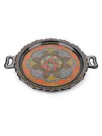 Paper Mache, Multicolor Round Decorative Serving Tray with Handle - The Heritage Artifacts