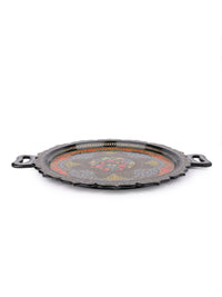 Paper Mache, Multicolor Round Decorative Serving Tray with Handle - The Heritage Artifacts