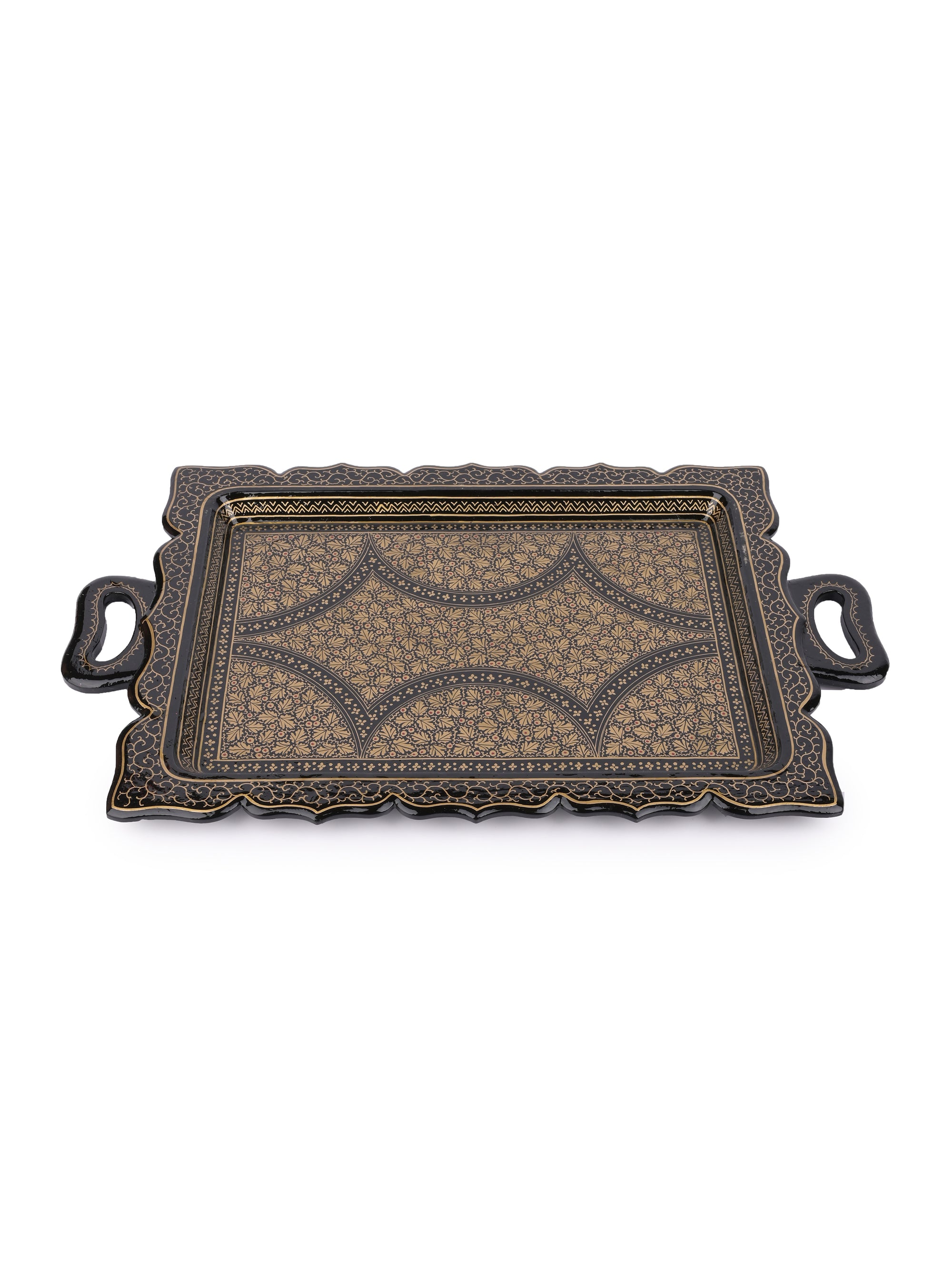 Paper Mache, Black and Gold painted Royal look Serving Tray with handle - The Heritage Artifacts