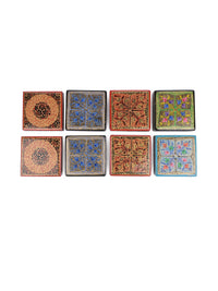 Floral Handmade Square Shaped 6 pcs Paper Mache Coaster set in a box - Available in Assorted design and color - The Heritage Artifacts