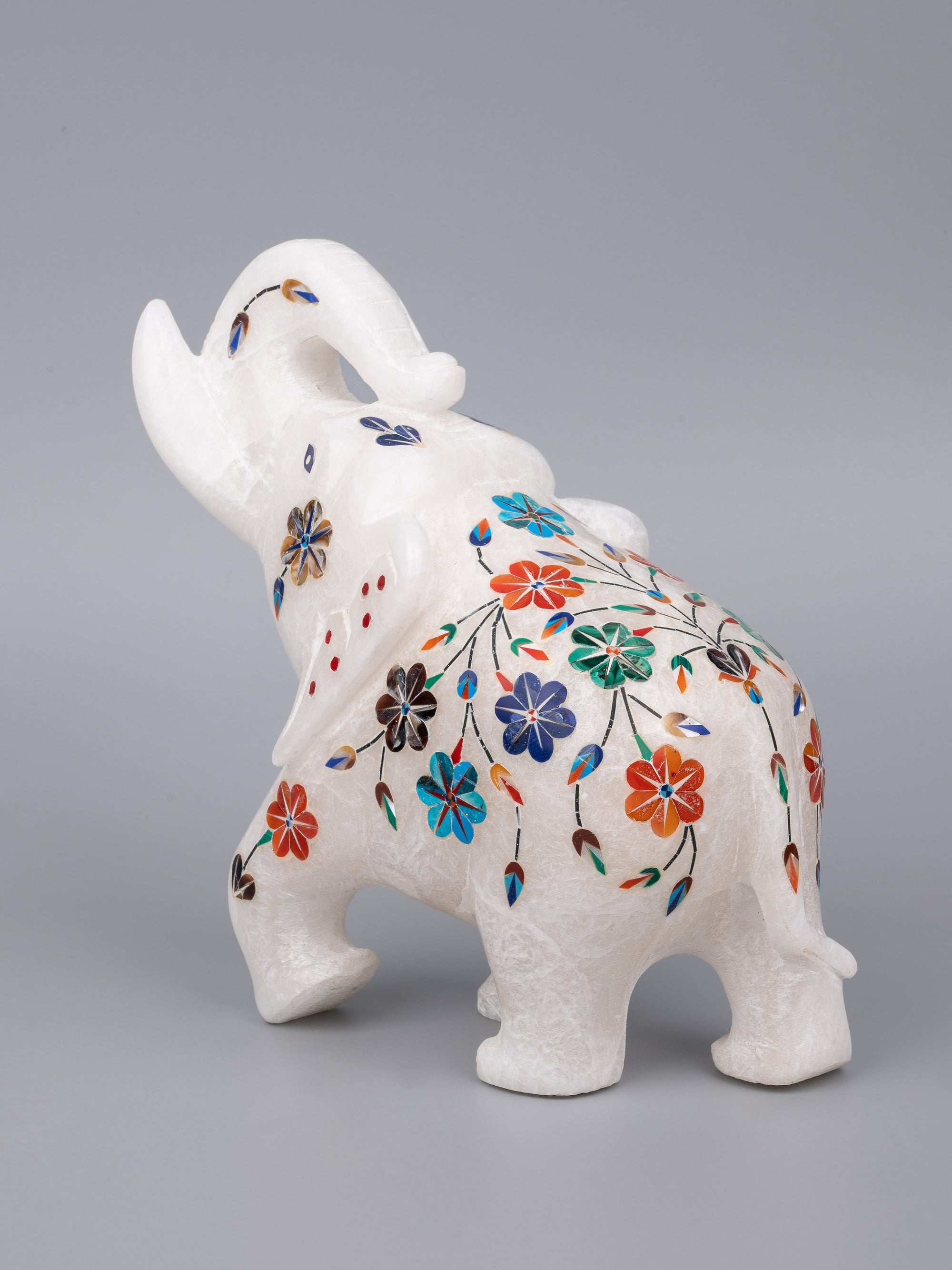 Hand carved, trunk-up marble elephant with colorful inlay work - The Heritage Artifacts