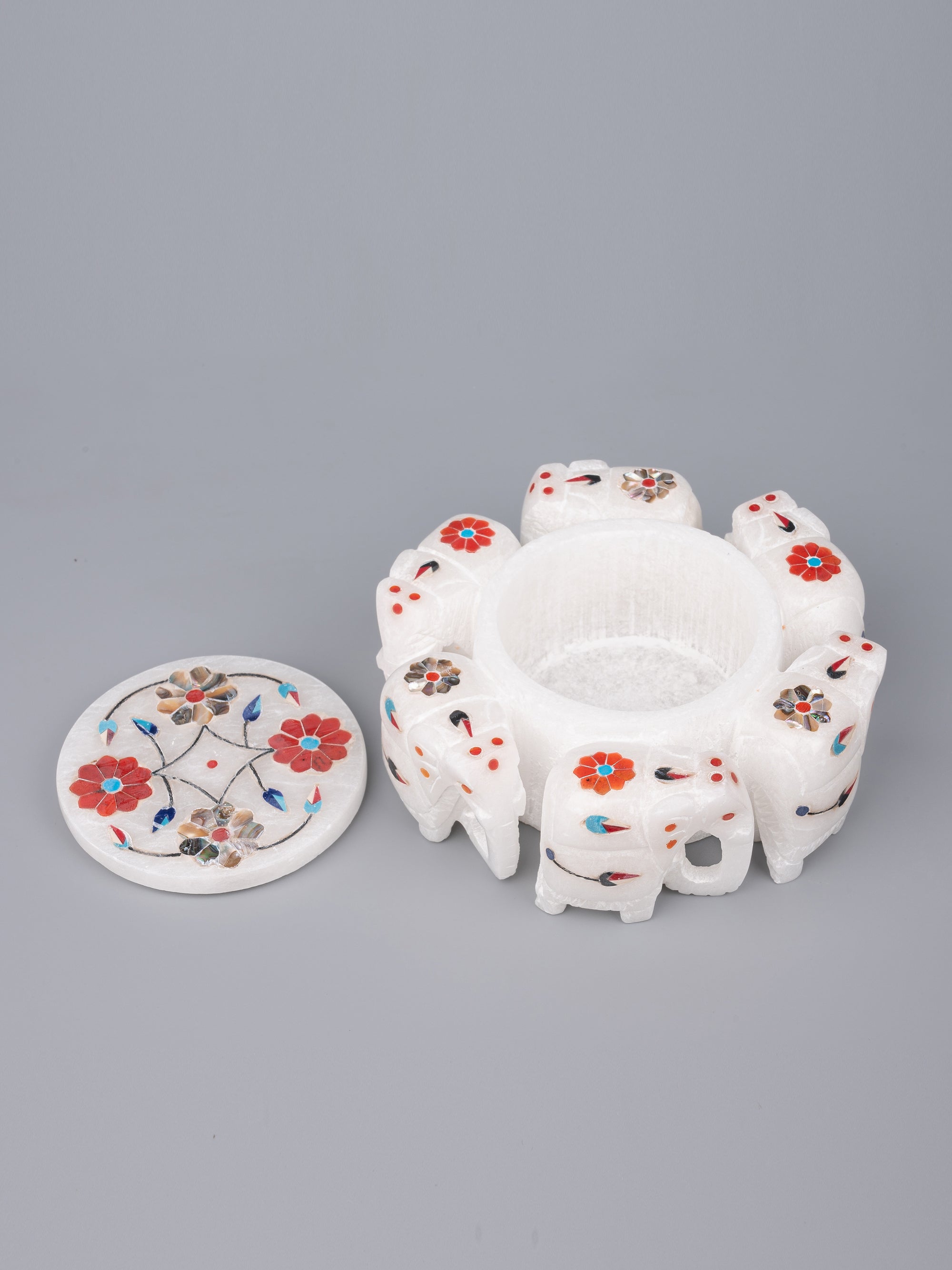 Marble elephant round jewellery box with beautiful inlay work - The Heritage Artifacts