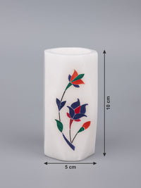 White marble pen stand with blue flower inlay work - The Heritage Artifacts