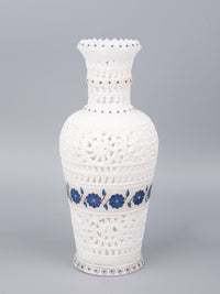 White marble flower vase with jali work & blue flower inlay - 12 inches - The Heritage Artifacts