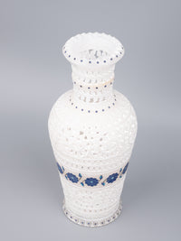 White marble flower vase with jali work & blue flower inlay - 12 inches - The Heritage Artifacts