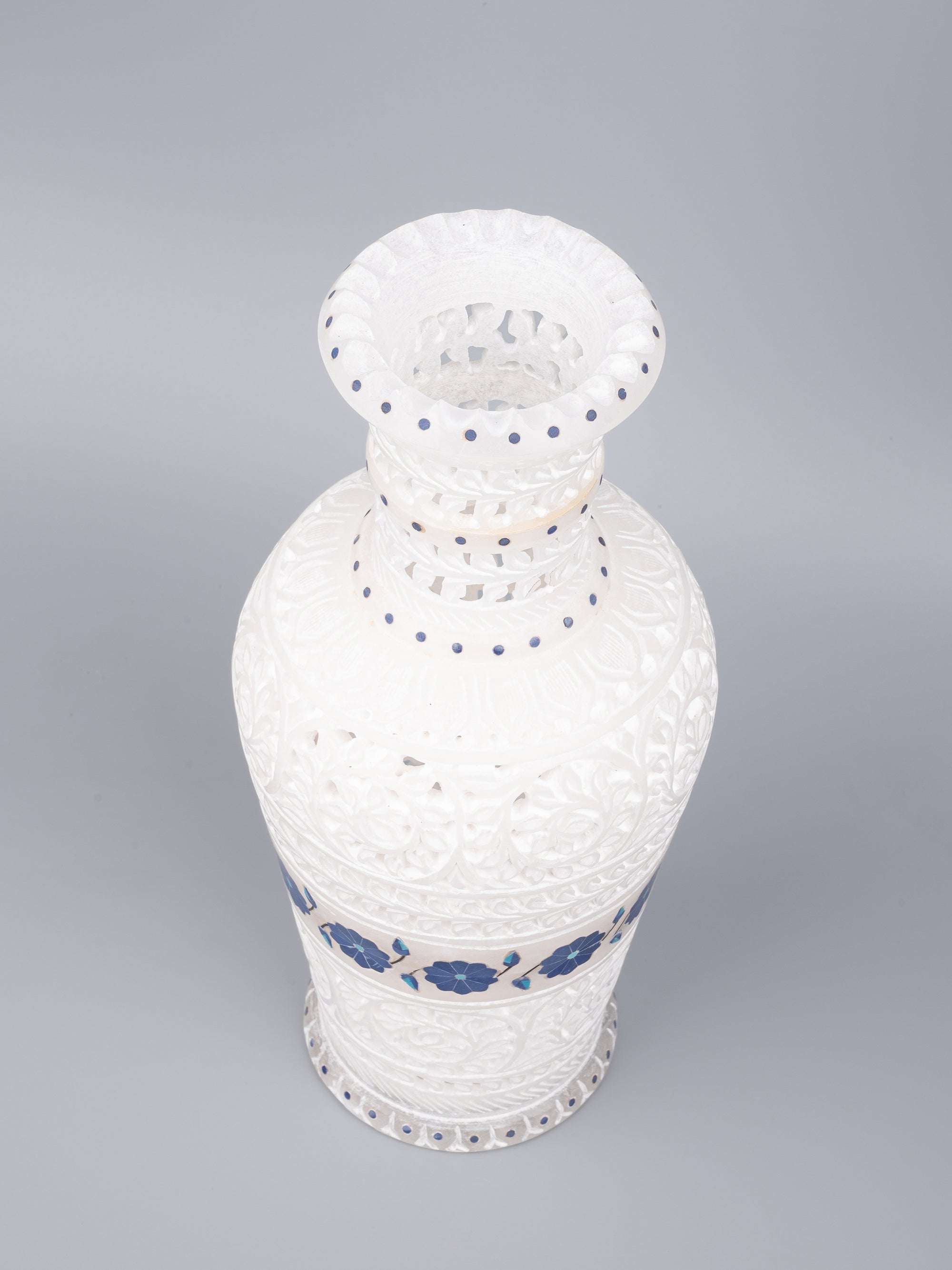 White marble flower vase with jali work & blue flower inlay - 12 inches - The Heritage Artifacts