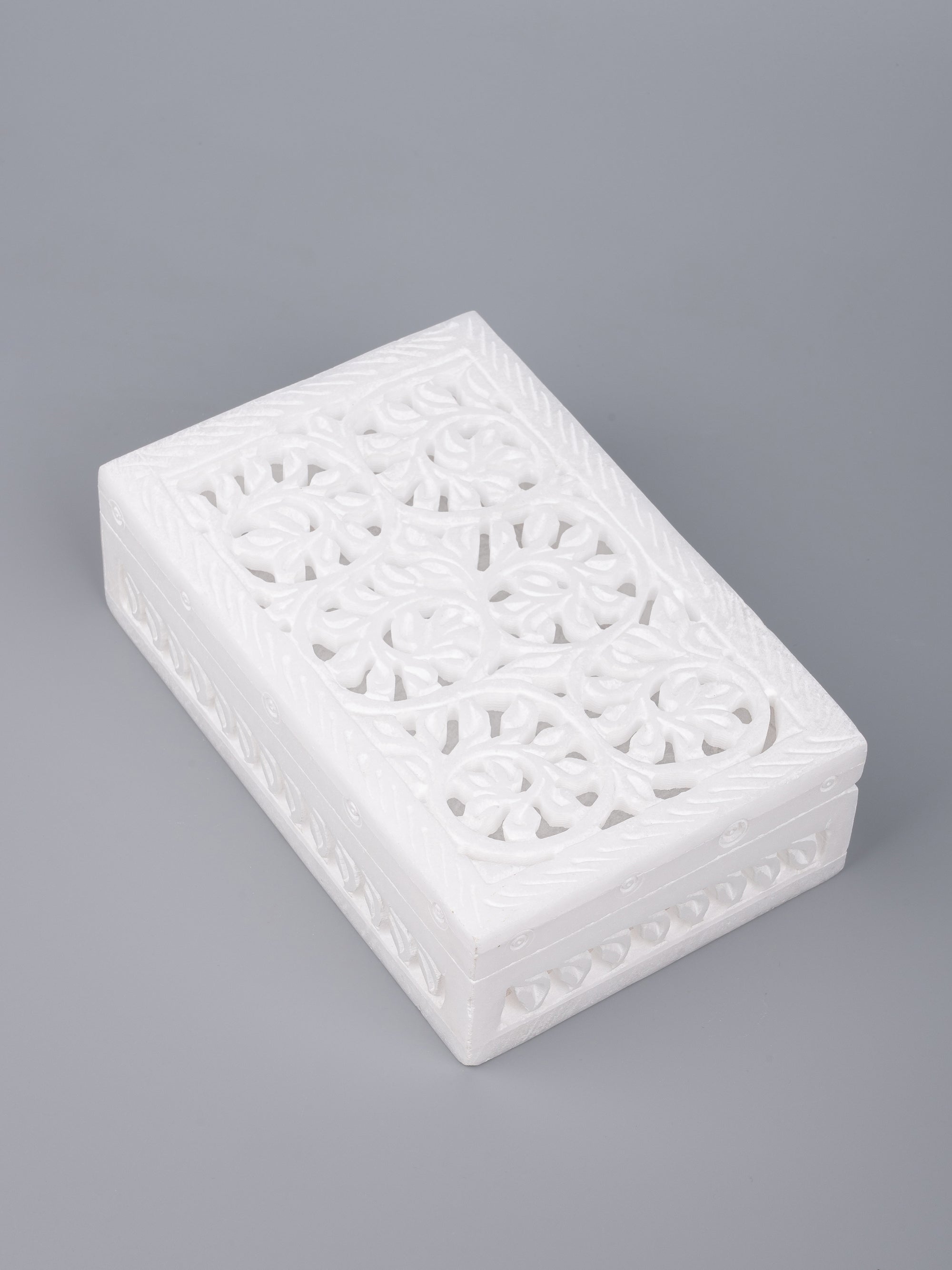 White marble jewellery box with jali carving - big size - The Heritage Artifacts