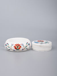 White marble 6 pieces coaster set with floral inlay work - The Heritage Artifacts