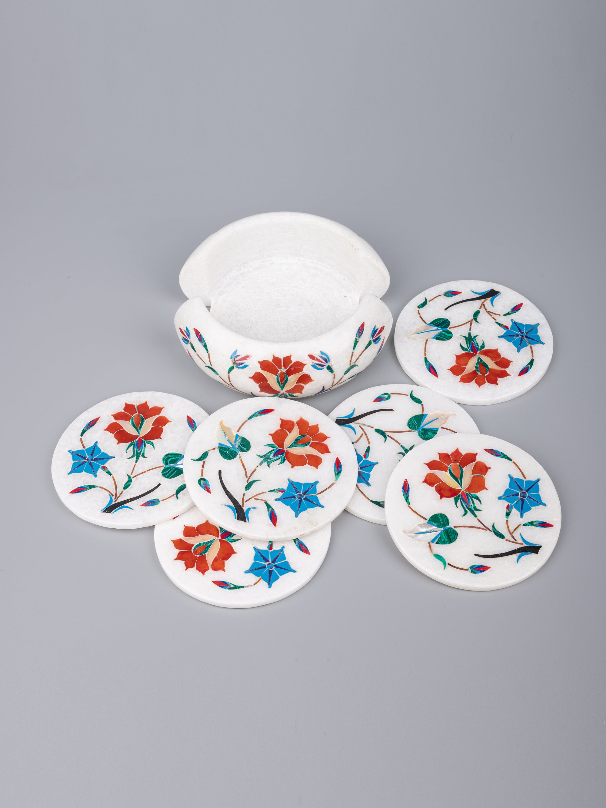 White marble 6 pieces coaster set with floral inlay work - The Heritage Artifacts