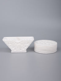 Marble hand carved set of 6 white coasters with stand in pure white color - The Heritage Artifacts