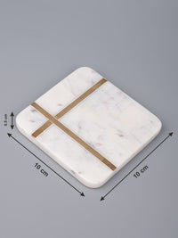 White marble 4 pieces coaster set in square shape with brass inlay work - The Heritage Artifacts