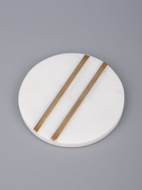 White marble 4 pieces coaster set in round shape with brass inlay work - The Heritage Artifacts