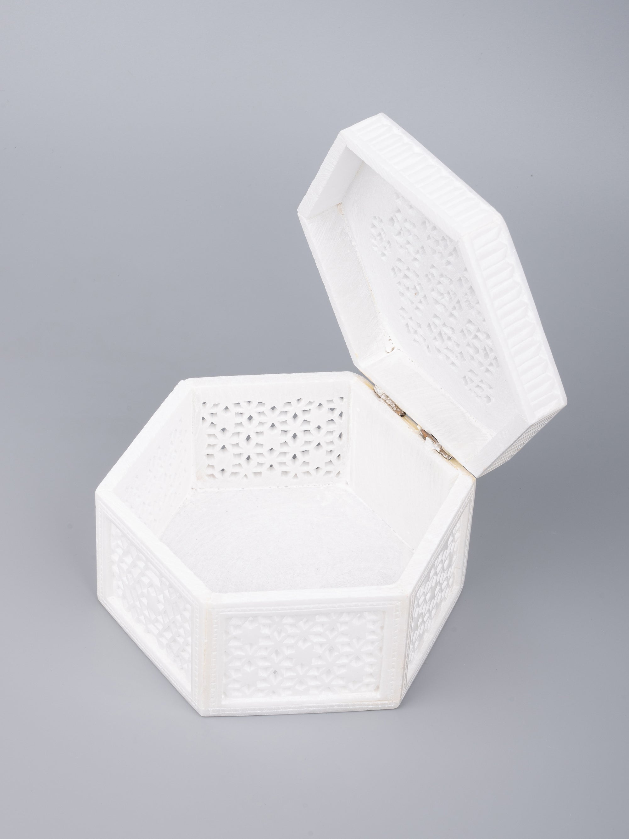 White marble crafted jewelry box in hexagonal shape - The Heritage Artifacts