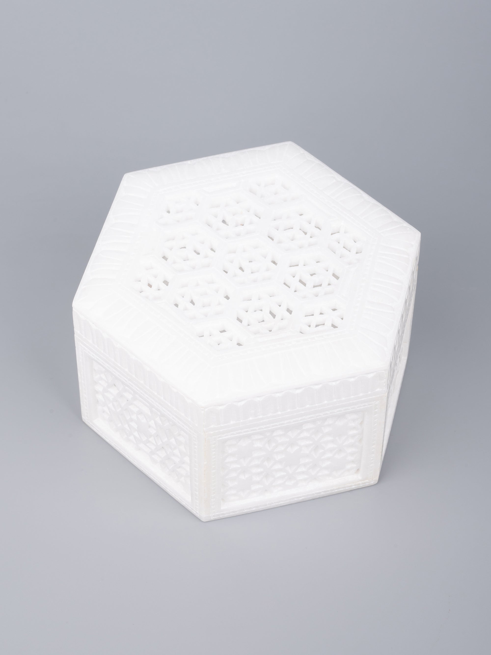 White marble crafted jewelry box in hexagonal shape - The Heritage Artifacts