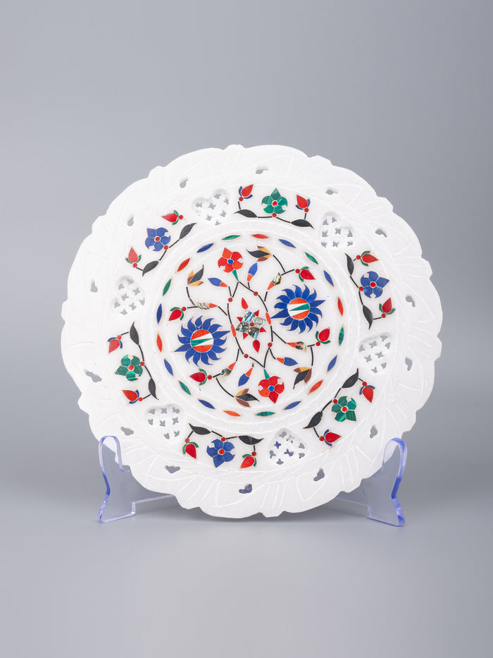 Marble decor plate with red and blue floral inlay work - 9 inches - The Heritage Artifacts