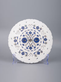 Marble décor plate with intricate blue floral inlay work - 9 inches - The Heritage Artifacts