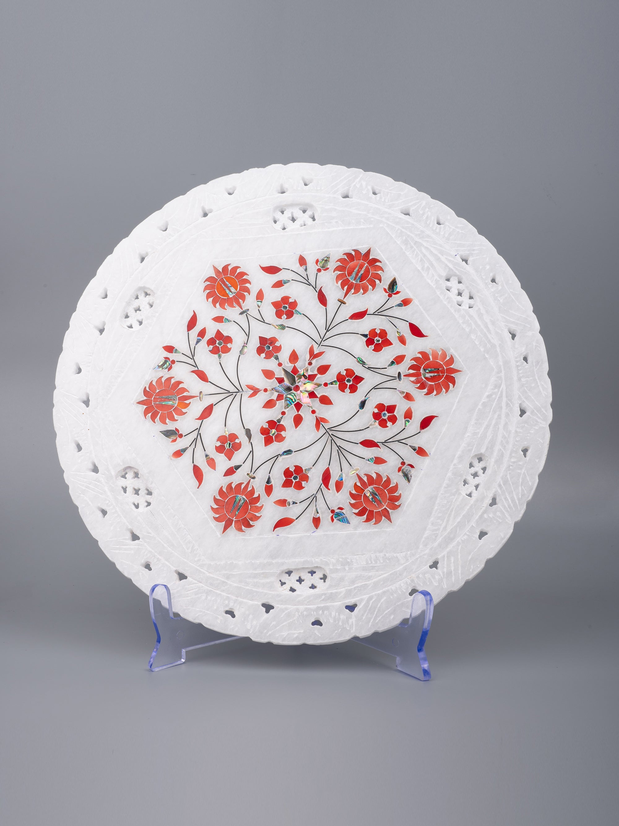 Marble décor plate with jali work and red floral inlay work - 12 inches - The Heritage Artifacts