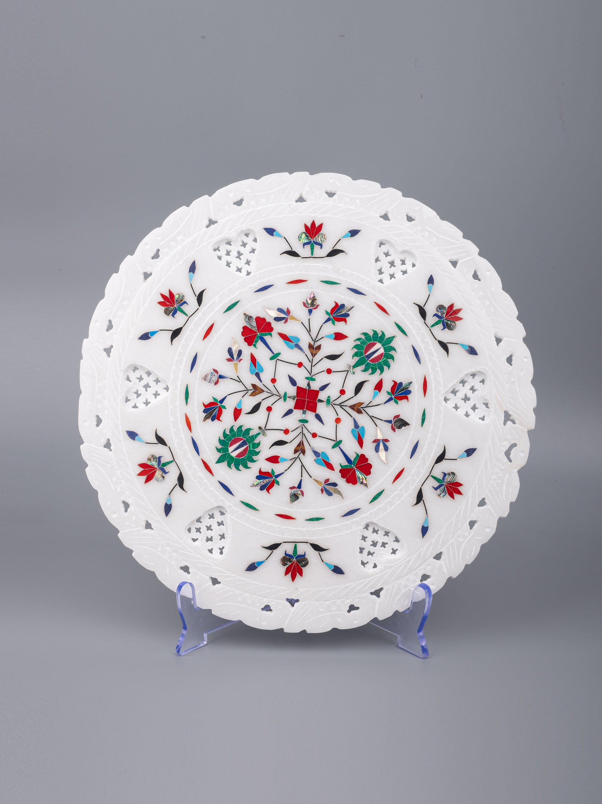 Marble décor plate with intricate red and green floral inlay work - 12 inches - The Heritage Artifacts