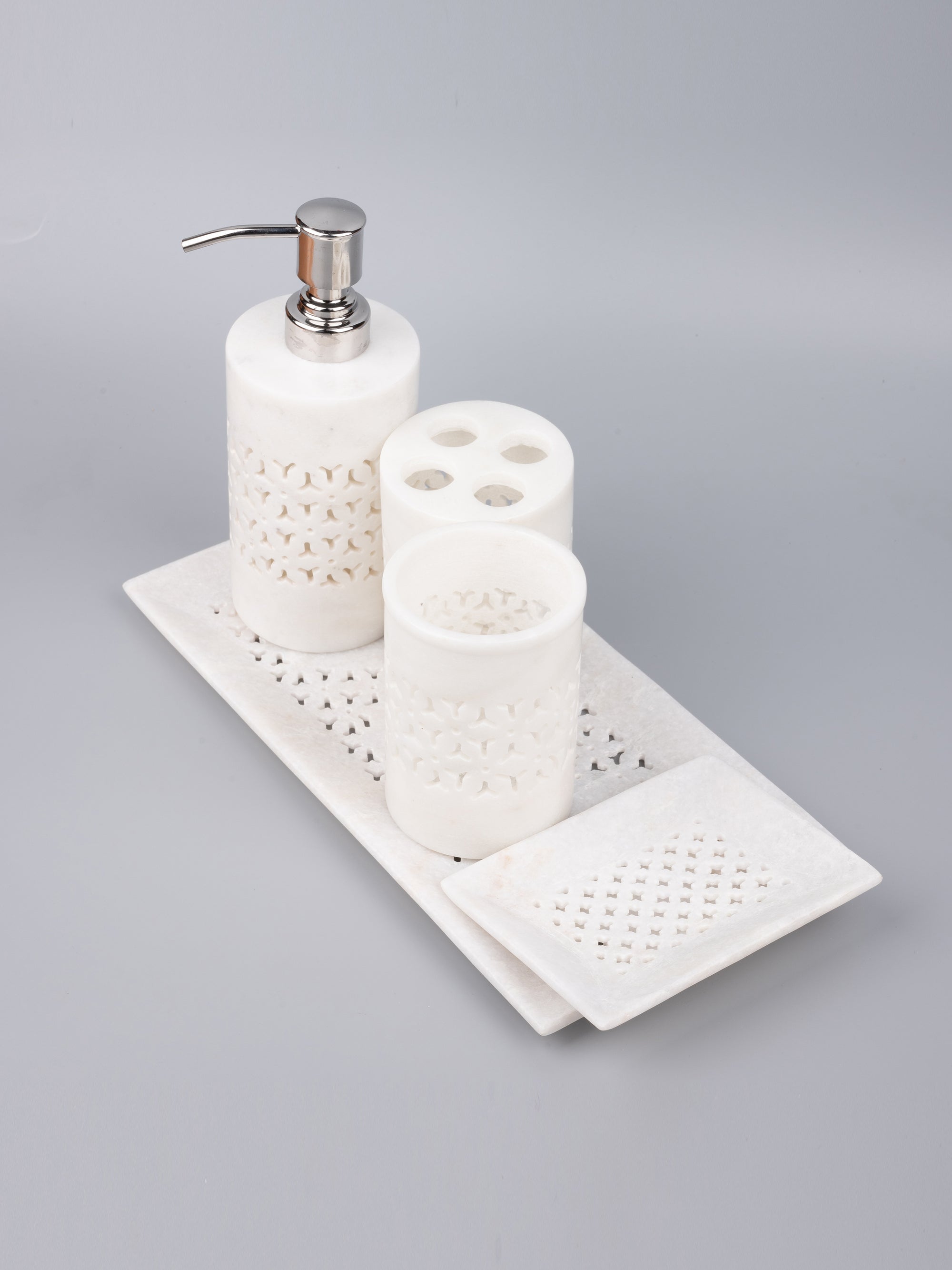 5 pieces bathroom accessories set handcrafted out of pure white marble - The Heritage Artifacts