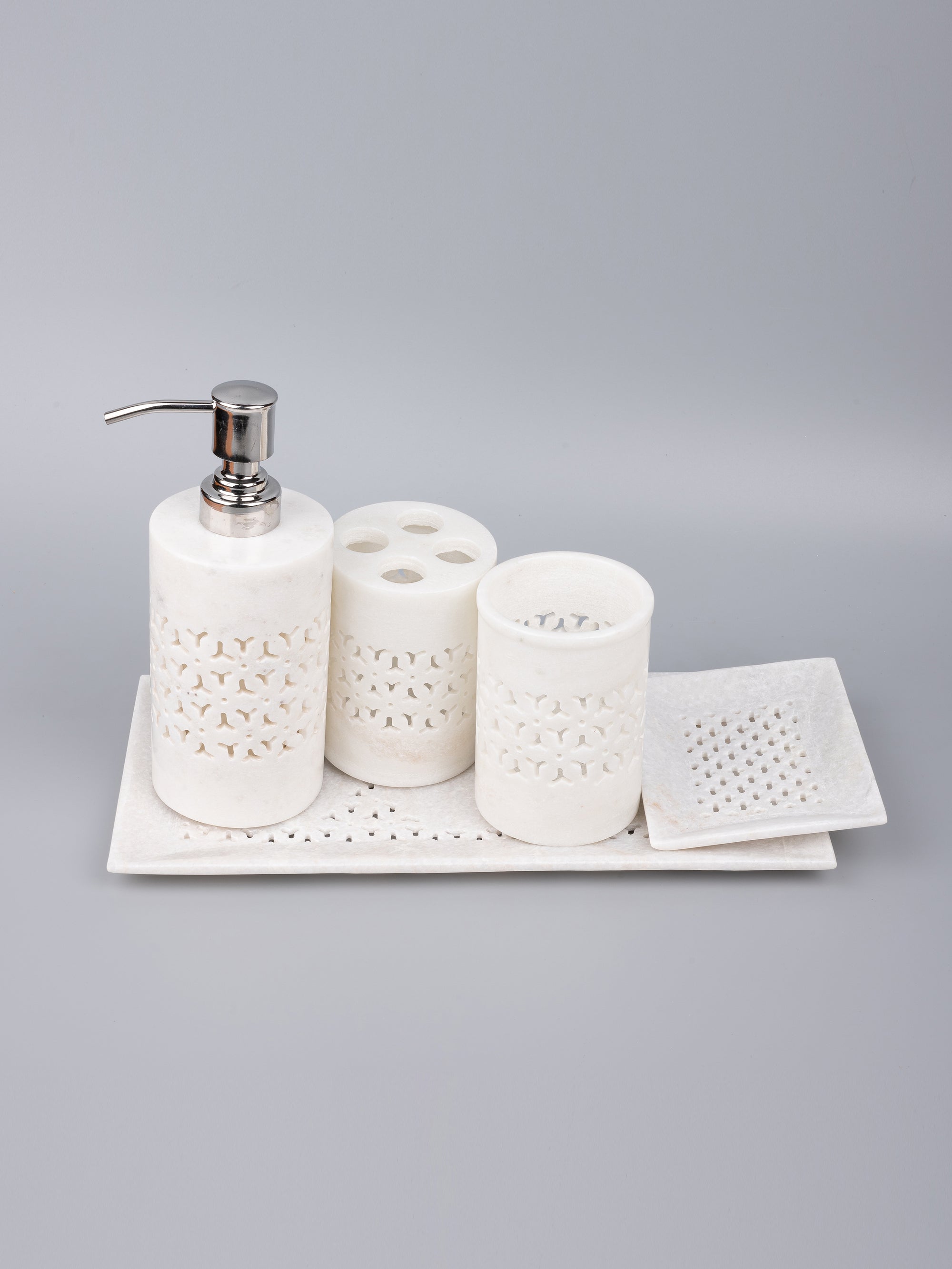 5 pieces bathroom accessories set handcrafted out of pure white marble - The Heritage Artifacts