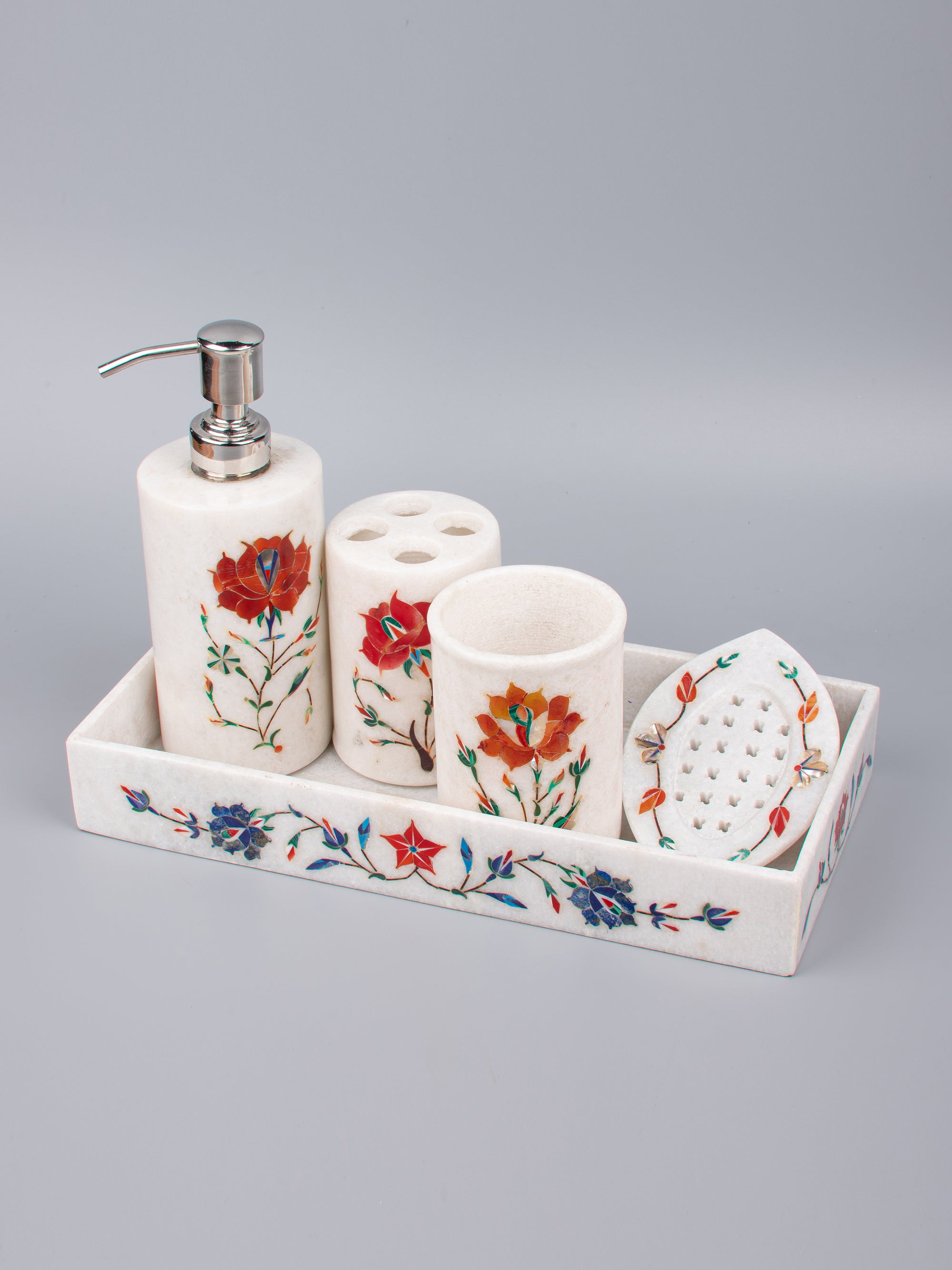 5 pieces bathroom accessories set made of pure marble with colorful inlay work - The Heritage Artifacts