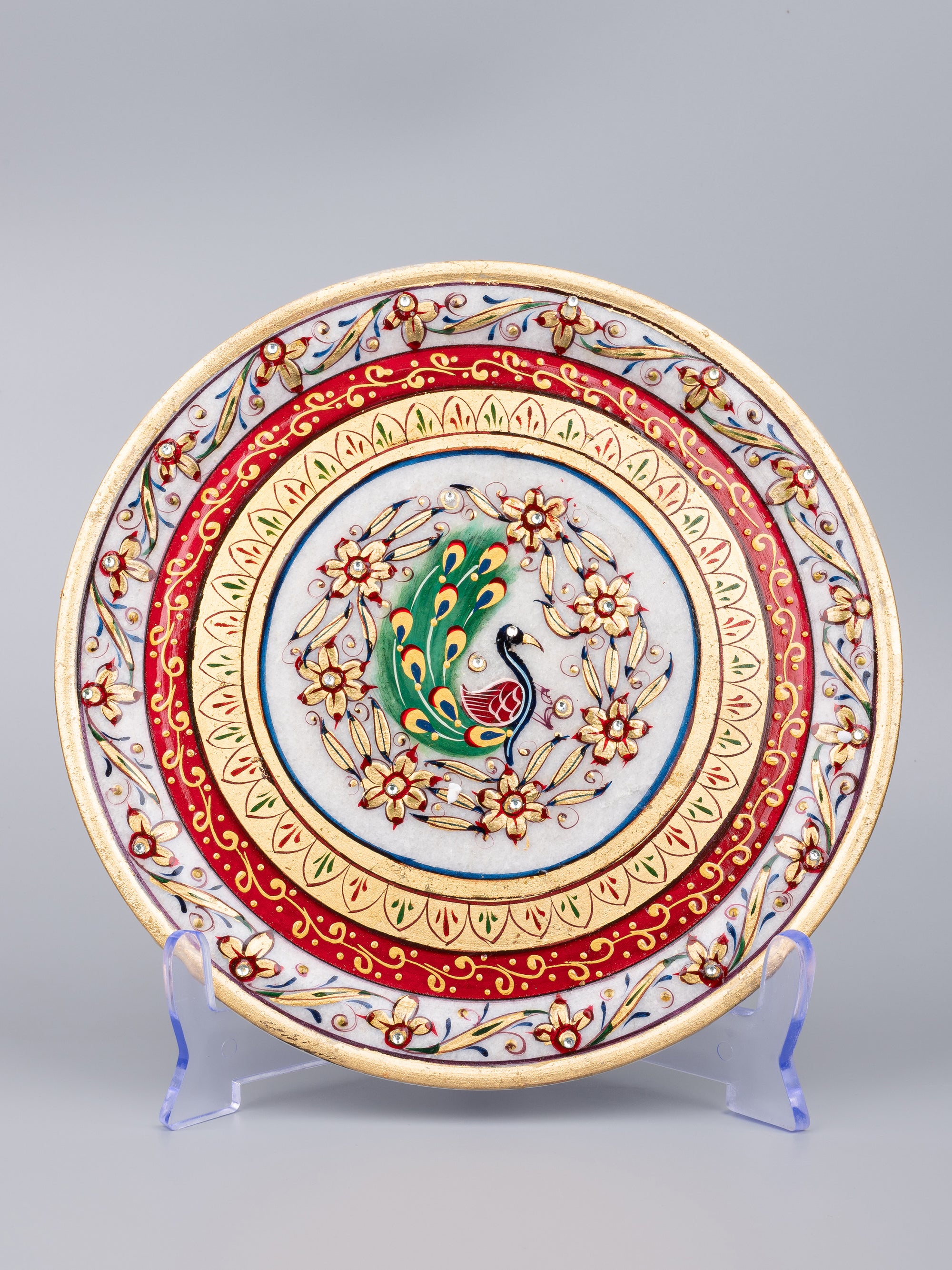9 inches decorative marble plate with red and yellow meenakari painting - The Heritage Artifacts