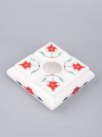 White marble Ashtray with red flower inlay work - The Heritage Artifacts