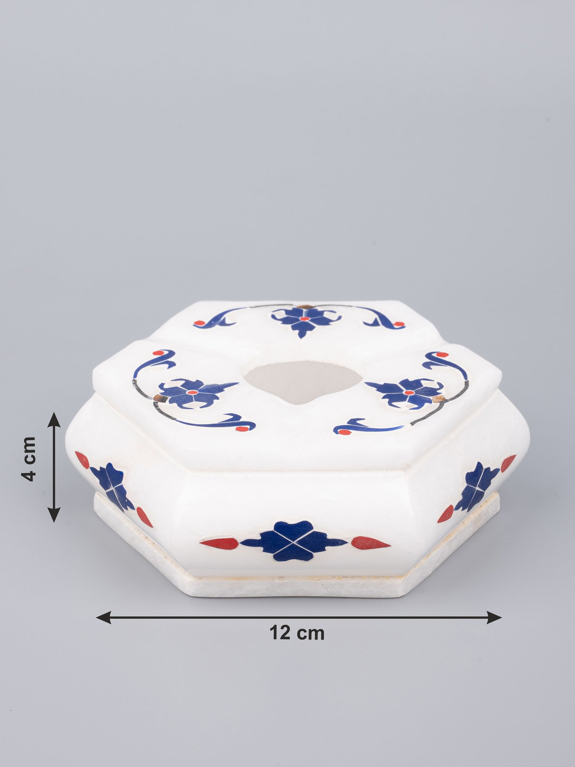 Hexagonal marble Ashtray with blue flower inlay work - The Heritage Artifacts