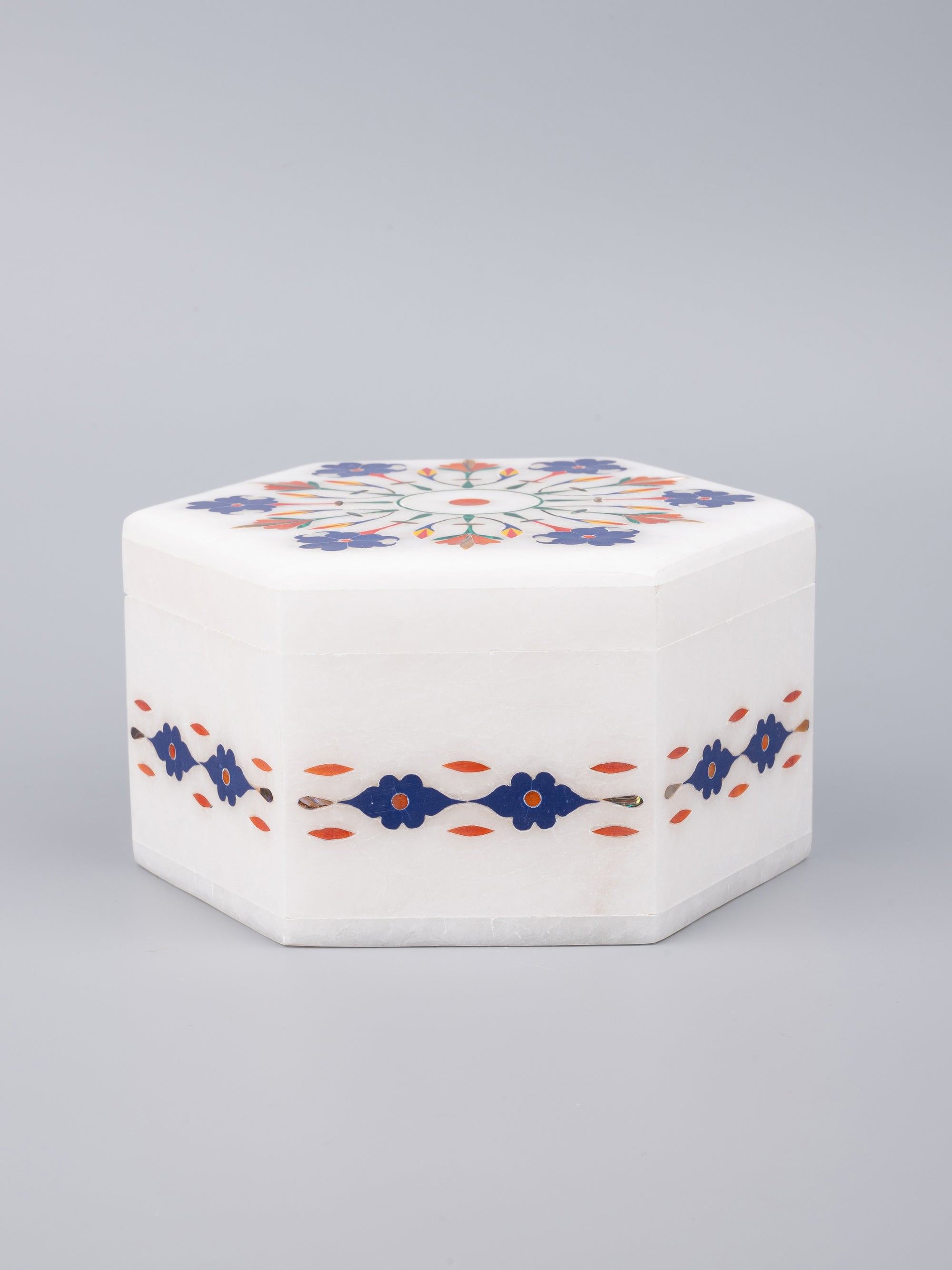 Colorful hexagonal marble jewellery box with heavy inlay work - The Heritage Artifacts