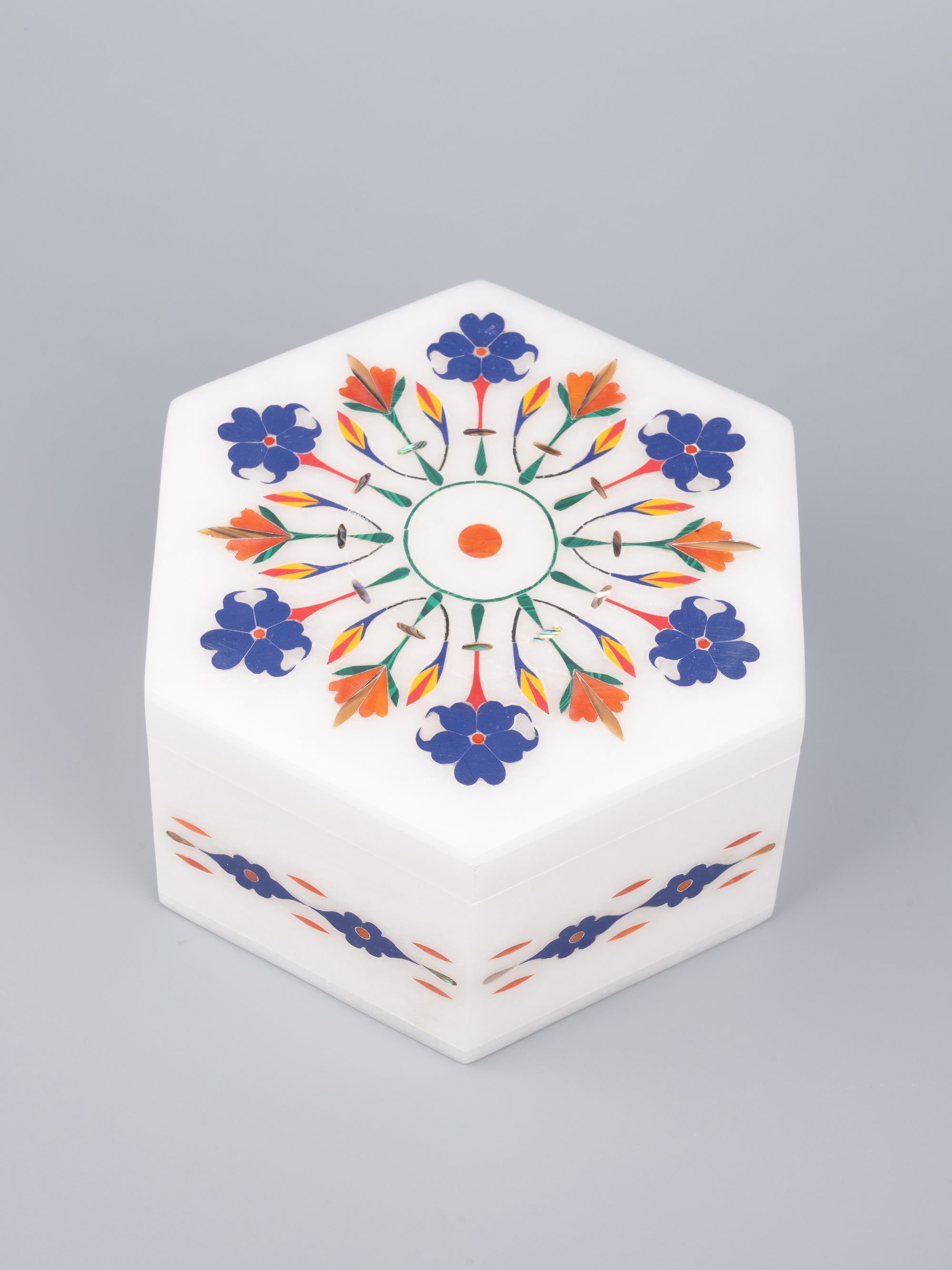 Colorful hexagonal marble jewellery box with heavy inlay work - The Heritage Artifacts