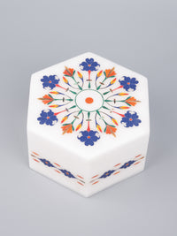 Colorful hexagonal marble jewellery box with heavy inlay work - The Heritage Artifacts