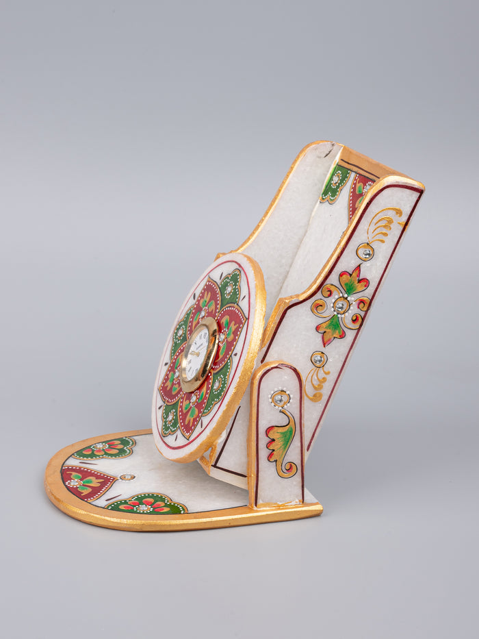 Marble mobile stand with analogue clock - Red and Green motifs - The Heritage Artifacts