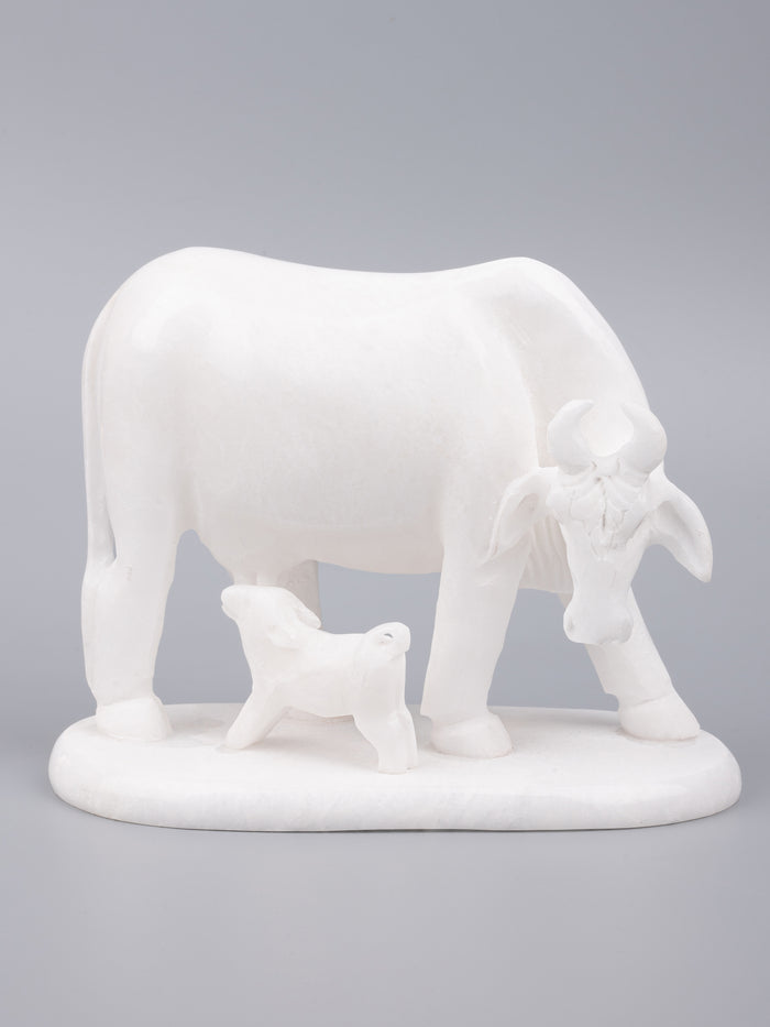 White marble Kamdhenu Cow with calf statue - The Heritage Artifacts