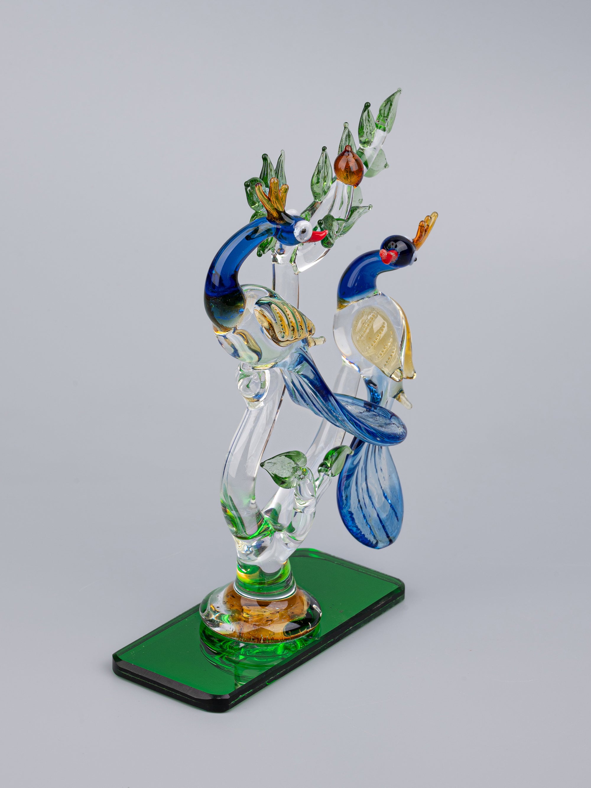 Colorful Glass showpiece, Pair of Blue Peacocks on a Tree - The Heritage Artifacts