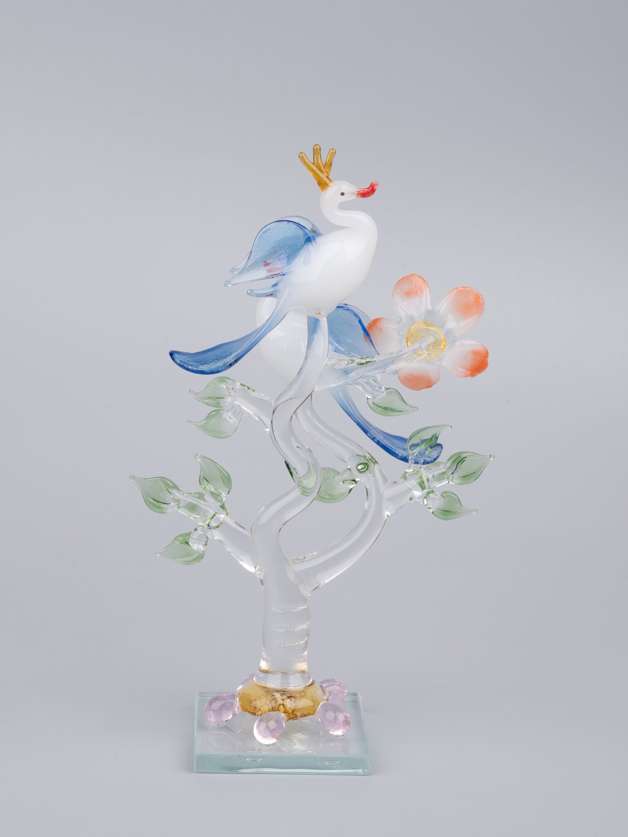 Decorative Glass center piece, Pair of White Peacocks on a Tree - The Heritage Artifacts