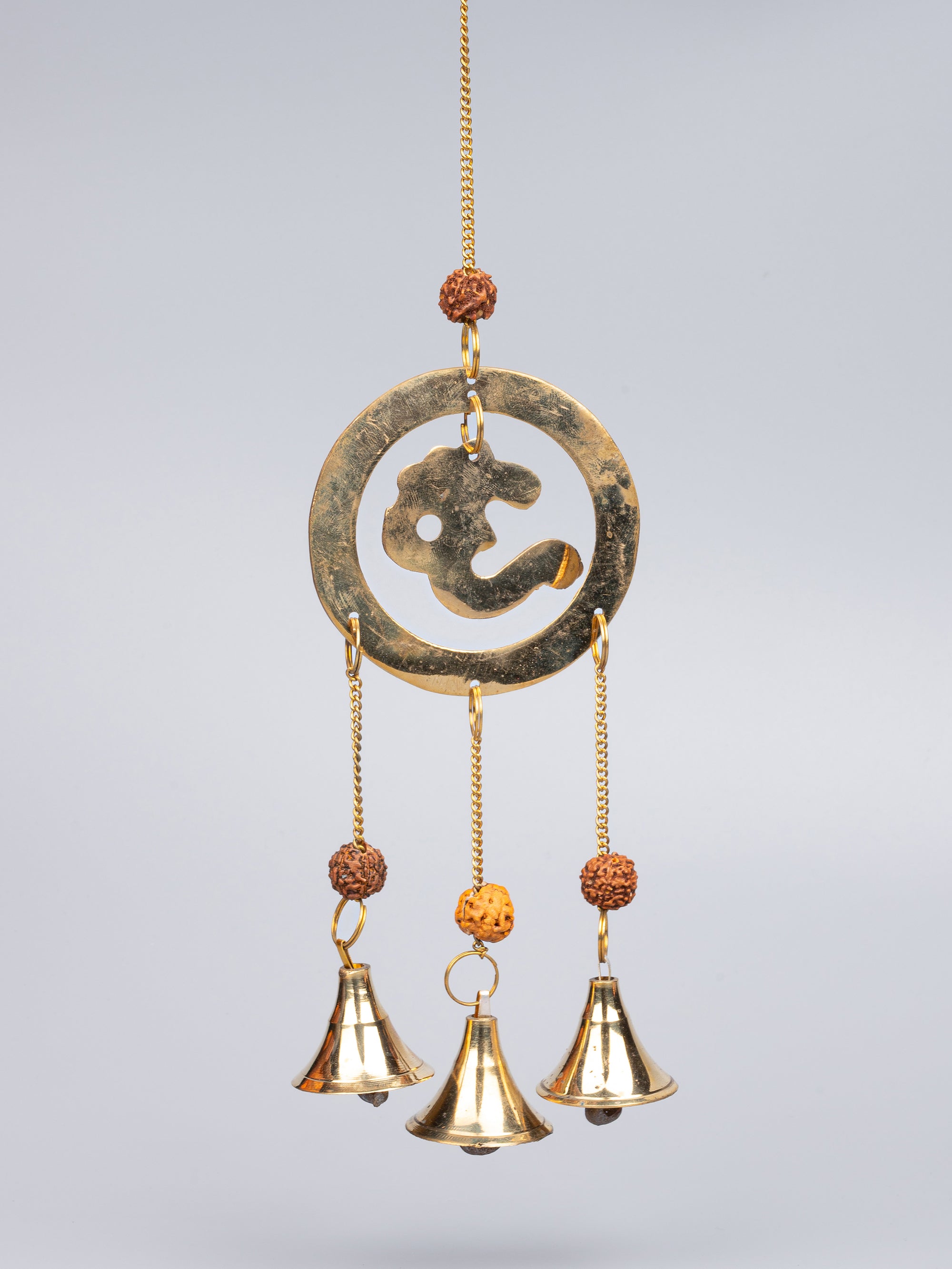 Brass Om design Wind Chime with 3 Bells and Rudraksha beads - 28 cm long with chain - The Heritage Artifacts