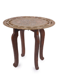Side table made of hand crafted paleva stone top and wooden legs - The Heritage Artifacts