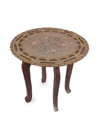 Side table made of hand crafted paleva stone top and wooden legs - The Heritage Artifacts