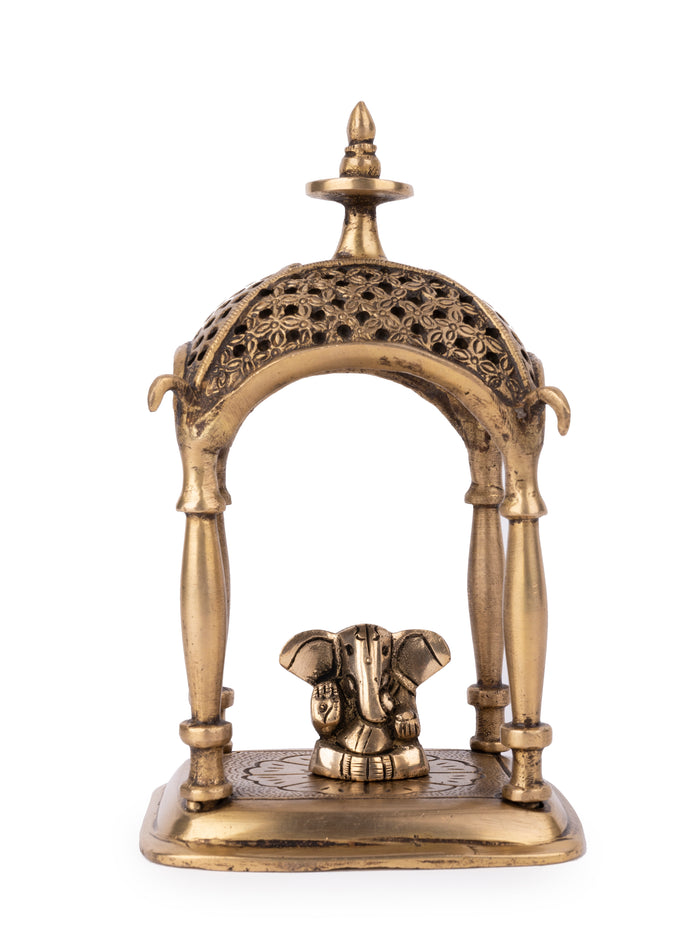 Small Temple Set with Cute Ganeshji figurine inside, made of Brass metal - 7 inches height - The Heritage Artifacts