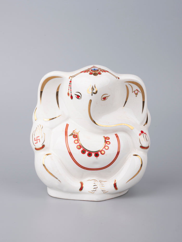 White Ceramic Ganesh Idol with Red Decorations - The Heritage Artifacts