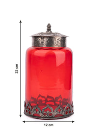 Red Glass Container with Vintage look Metal design on Top and Bottom - The Heritage Artifacts