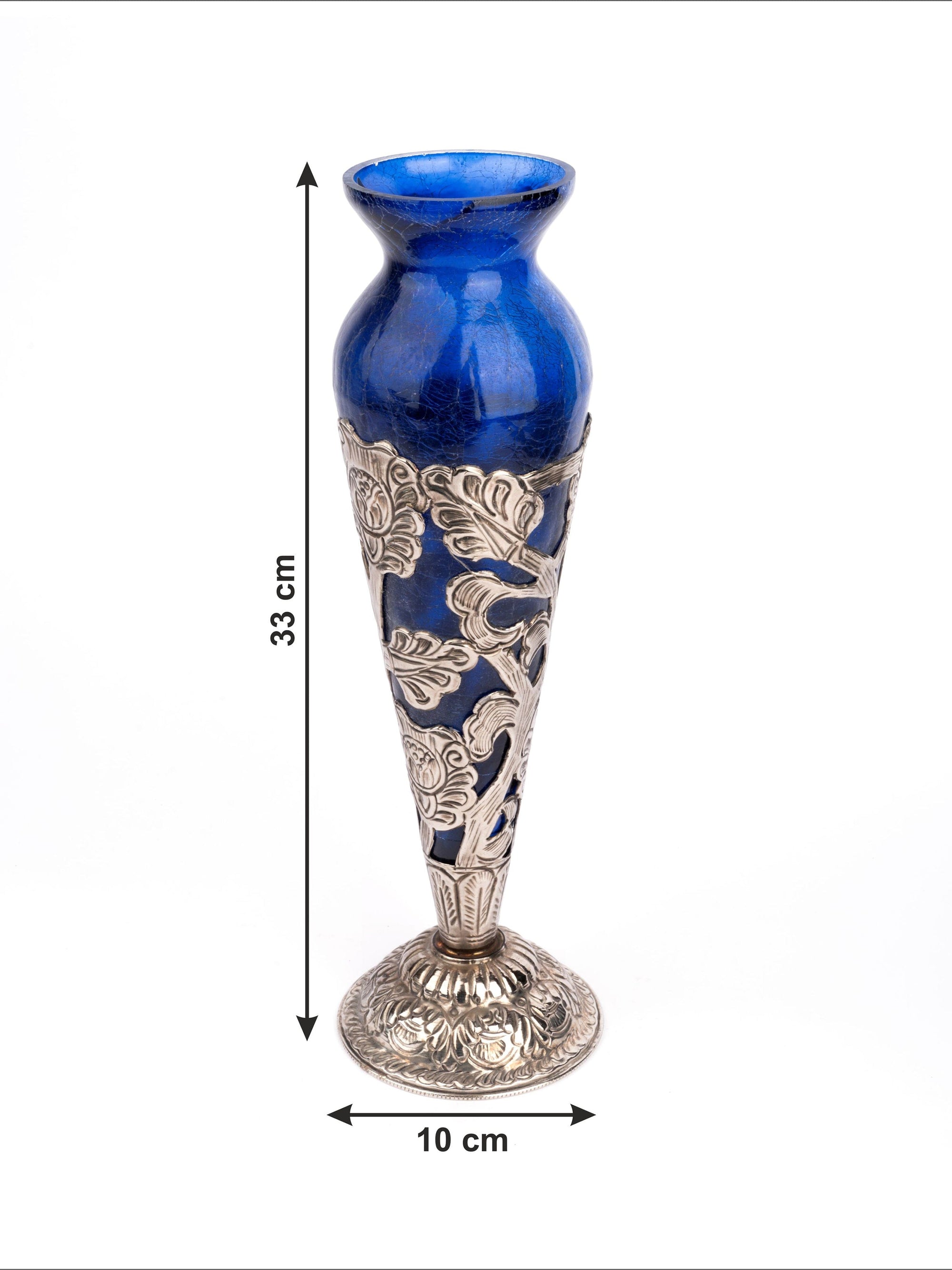 Antique Finish Aluminium wrapped Blue Glass Flower Vase - 13 inches height - The Heritage Artifacts