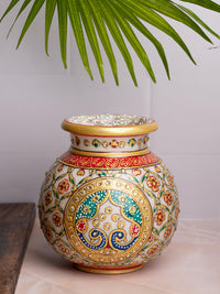 Traditional marble pitcher / kalash with meenakari flower painting - medium size - The Heritage Artifacts