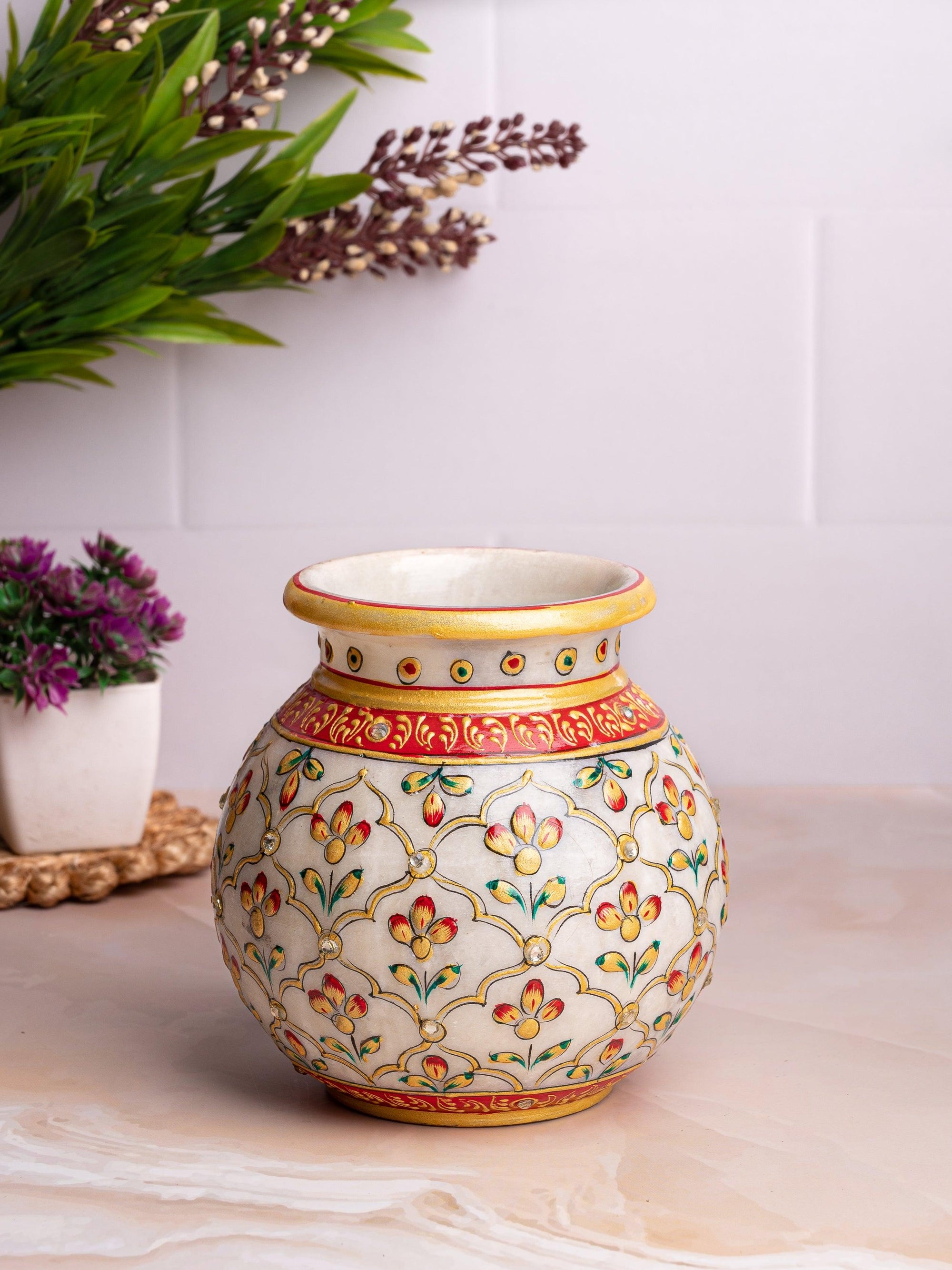 Traditional marble pitcher / kalash with meenakari flower painting - small size - The Heritage Artifacts